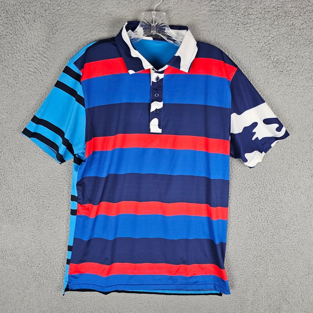 G/FORE Polo Mens Large Blue Red Striped Camo Print Golf Performance Shirt